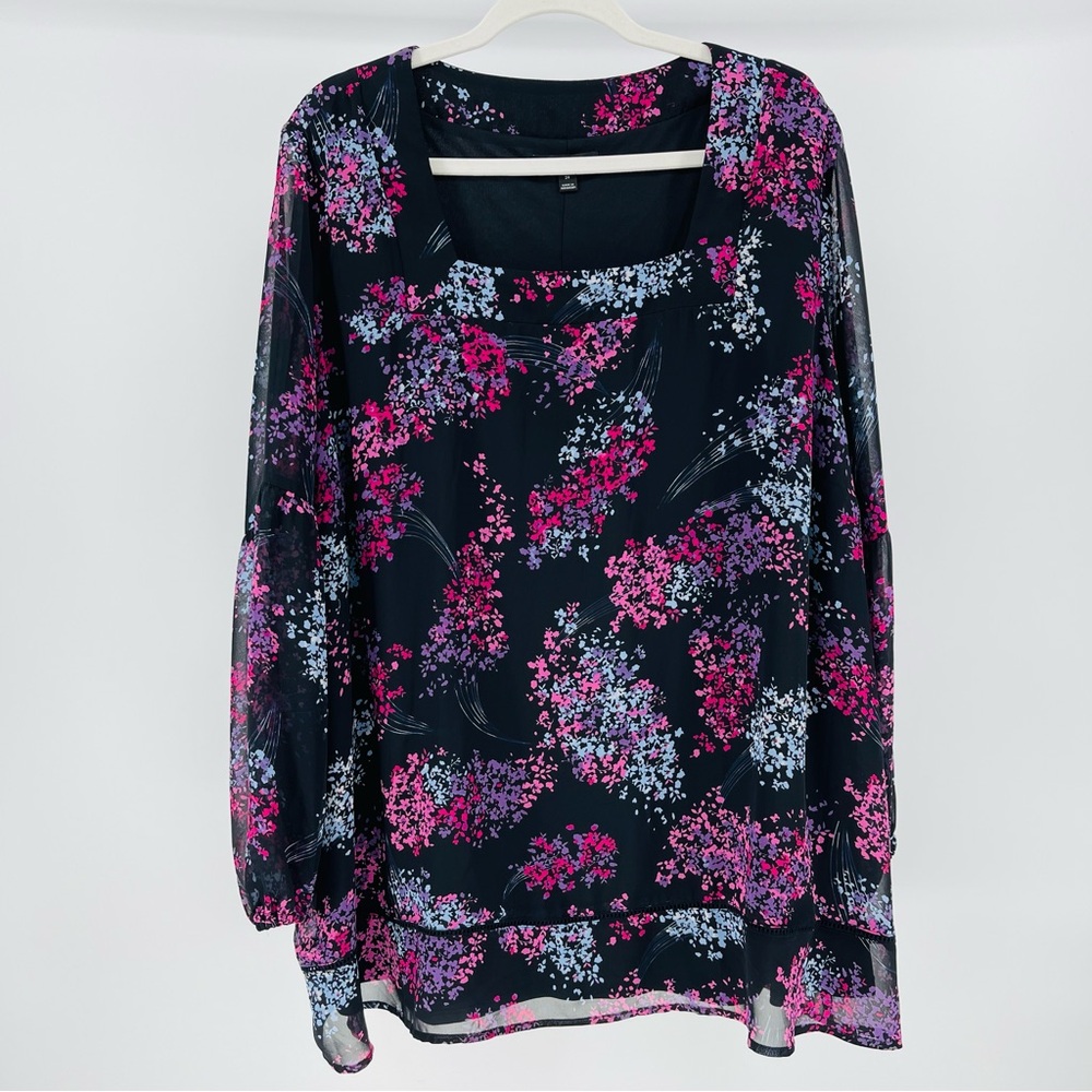 Lane Bryant Black Floral Print Square Neck Blouse, Women's 24